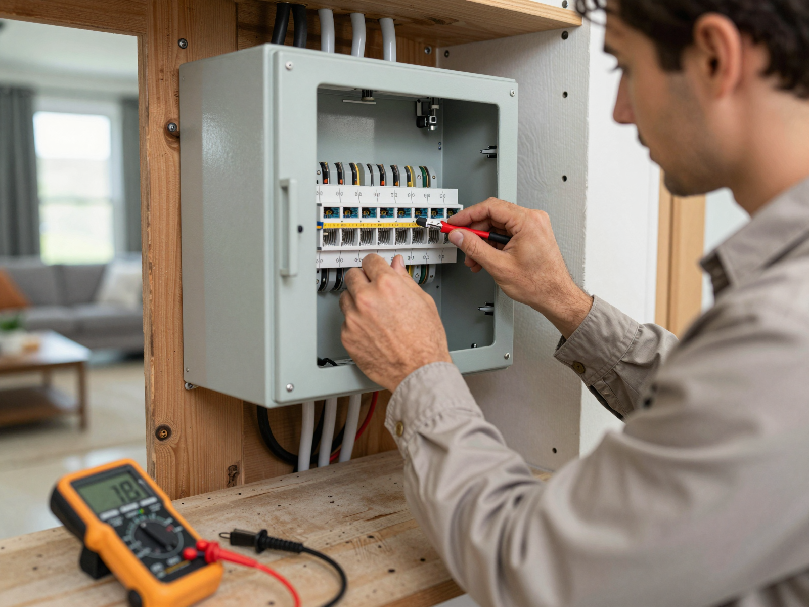 Electrician working on residential wiring installation